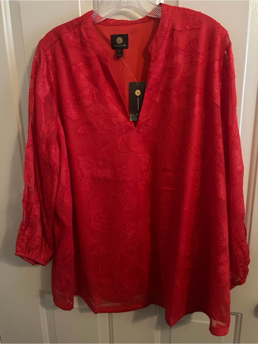 JM Collection Bright Red Opal Radiance Floral Jacquard V-Neck Blouse